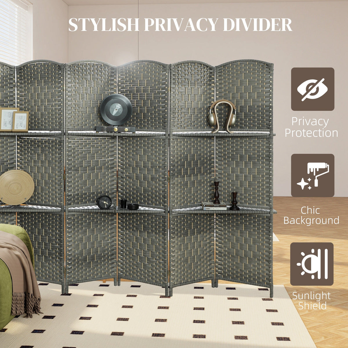 6 FT Privacy Screen, 4 Panel Room Divider with Shelves for Living Room Bedroom Home Office, Grey