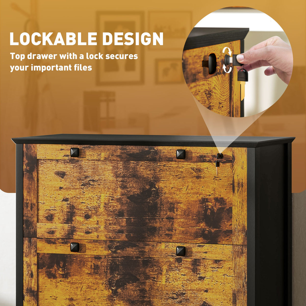 2 Drawer File Cabinet, Lockable Filing Cabinet with Adjustable Hanging Bar for Letter, A4 and Legal Size, Black