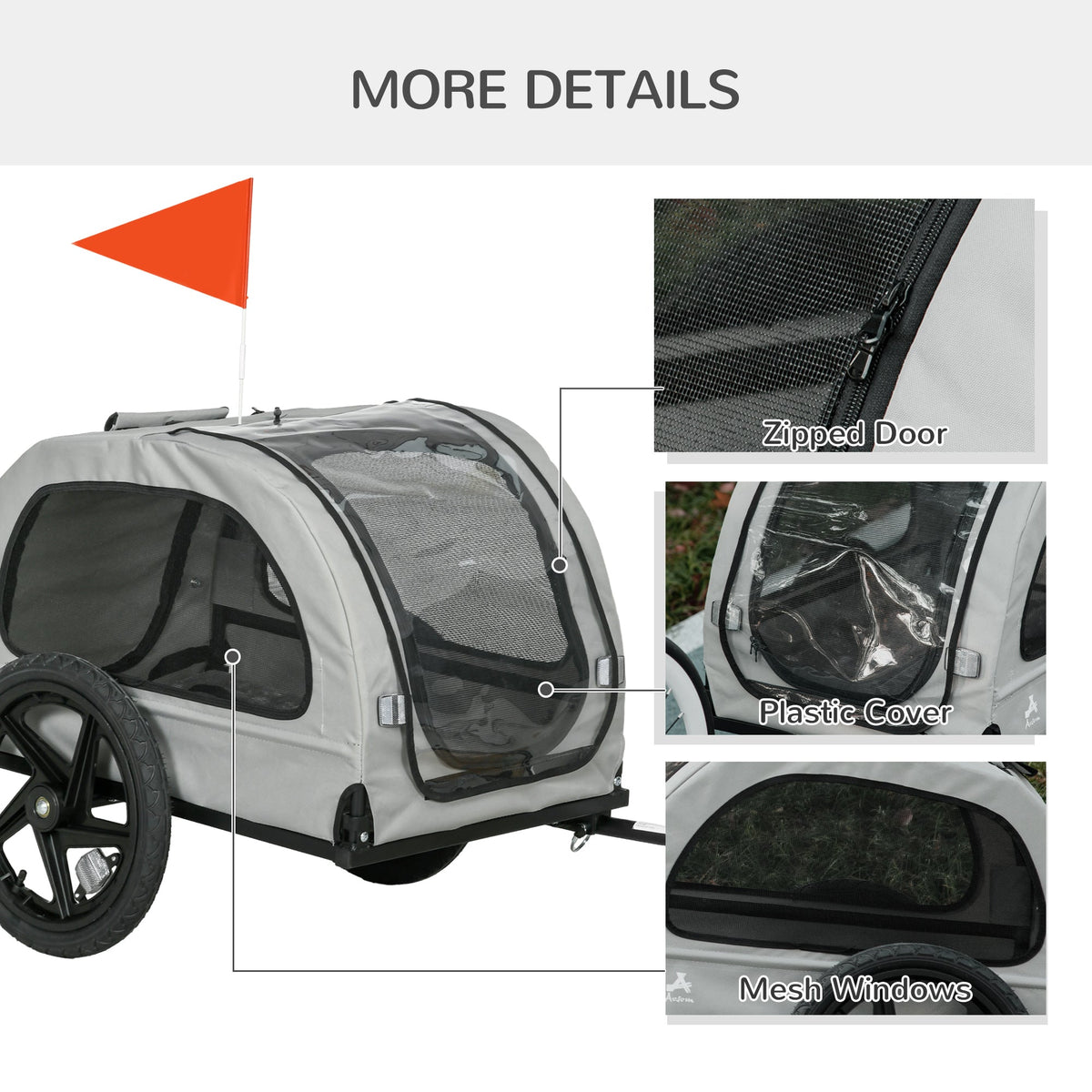 Dog Bike Trailer with Mesh Windows, Safety Leash, Safety Flag, Doors, for Small Medium Dogs Travel, Light Grey