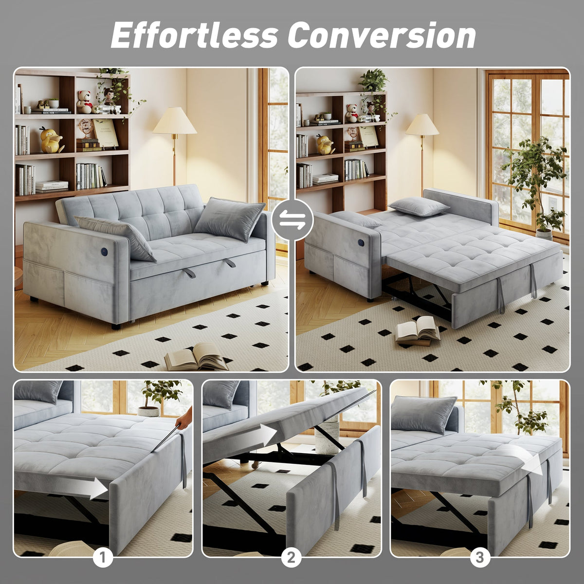 3‑in‑1 Convertible Sofa Bed, Pull Out Sleeper Sofa with USB Charging, Adjustable Backrest, Side Pockets, Beige