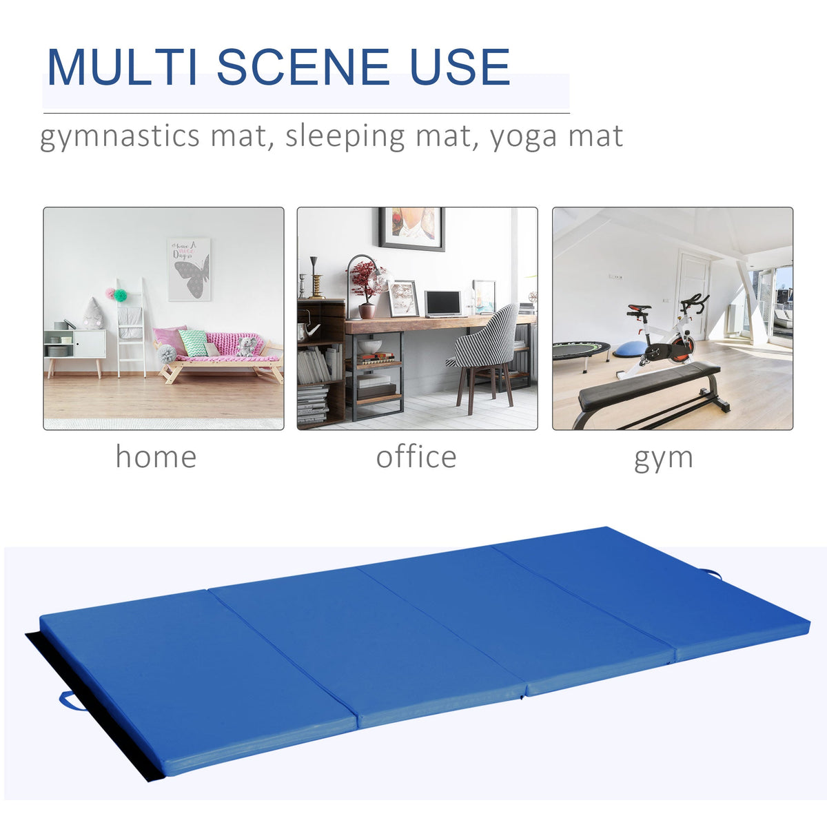 4'x8'x2" Folding Gymnastics Tumbling Mat, Exercise Mat with Carrying Handles for Yoga, MMA, Martial Arts, Stretching, Core Workouts, Light Blue