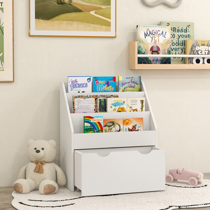 Kids Bookshelf with 3 Tier Display Shelves, Drawer for Nursery, Grey