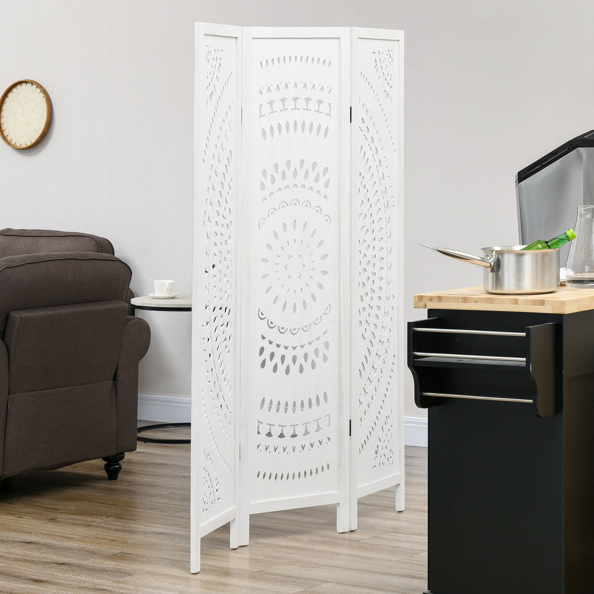 3 Panel Room Divider, 5.6 Ft Tall Portable Folding Privacy Screen, Wood Partition Wall Divider for Home Office, White