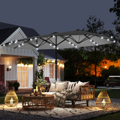 174" Double-Sided Sun Umbrella Garden Parasol Patio Sun Shade Outdoor with LED Solar Light, Khaki