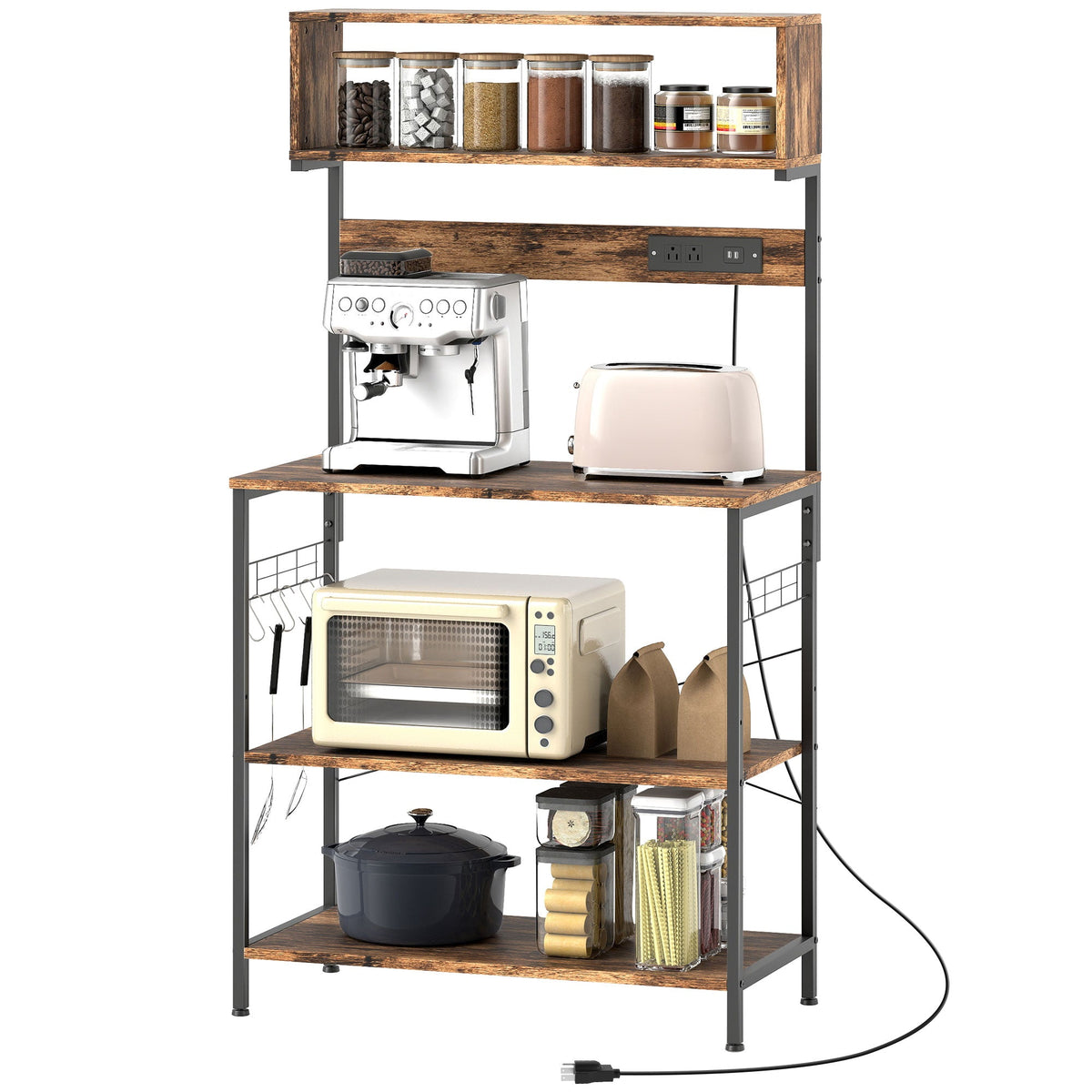 Baker's Rack with Charing Station, Microwave Shelf with Power Outlet, USB Charger and 5 Hooks, Black