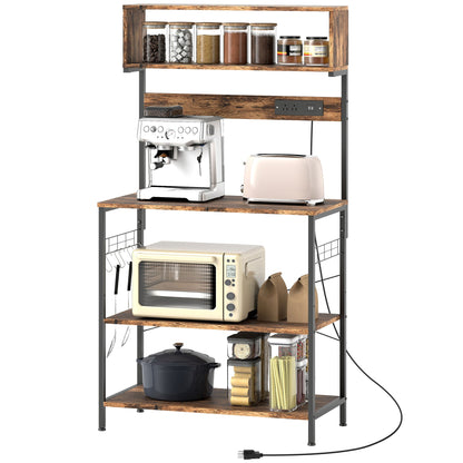 Baker's Rack with Charing Station, Microwave Shelf with Power Outlet, USB Charger and 5 Hooks, Black