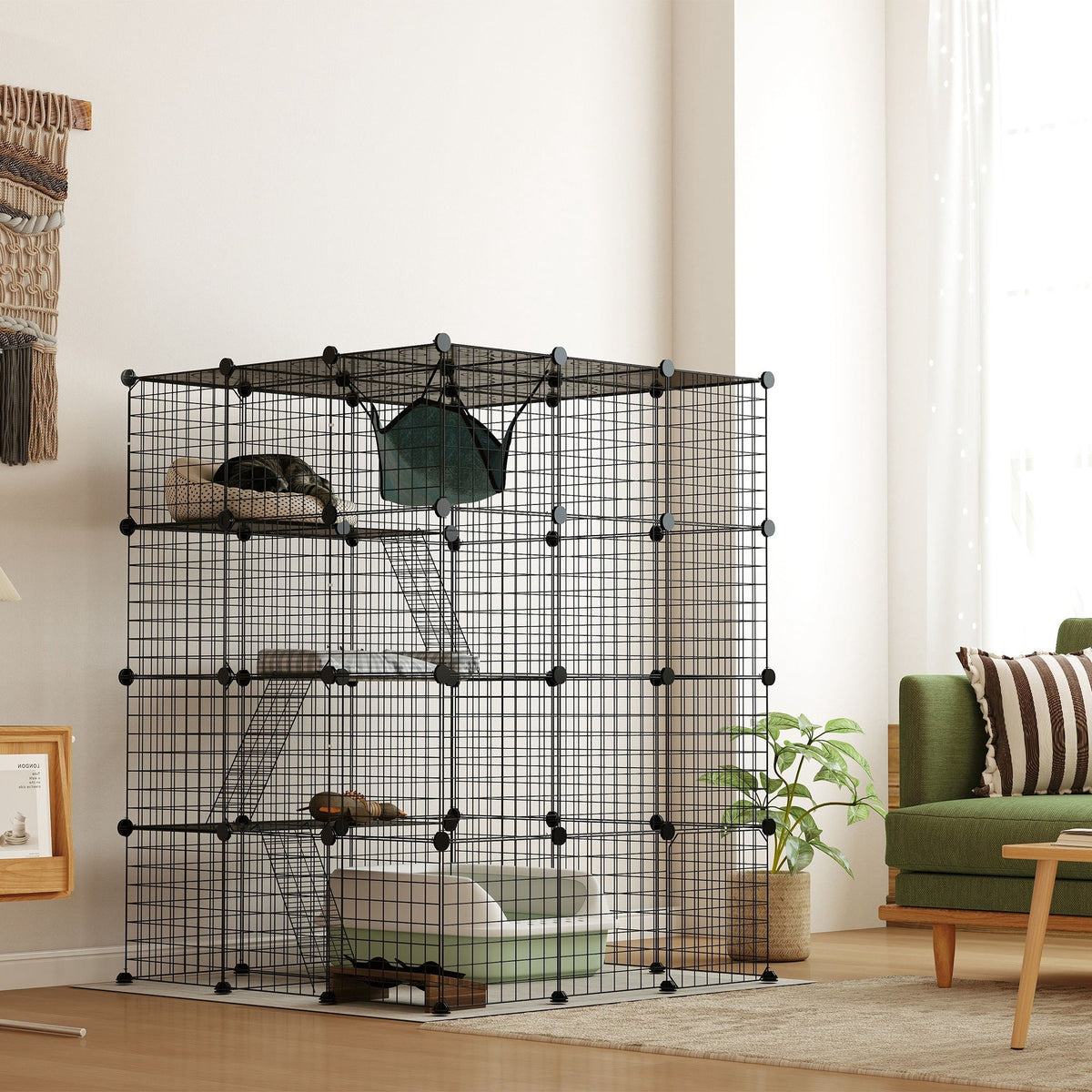 4 Tier DIY Cat Cage Indoor, Catio for 1-3 Cats with Hammock, 5 Doors, 3 Ramps, 3 Jumping Platforms, for 1-3 Cats, Black