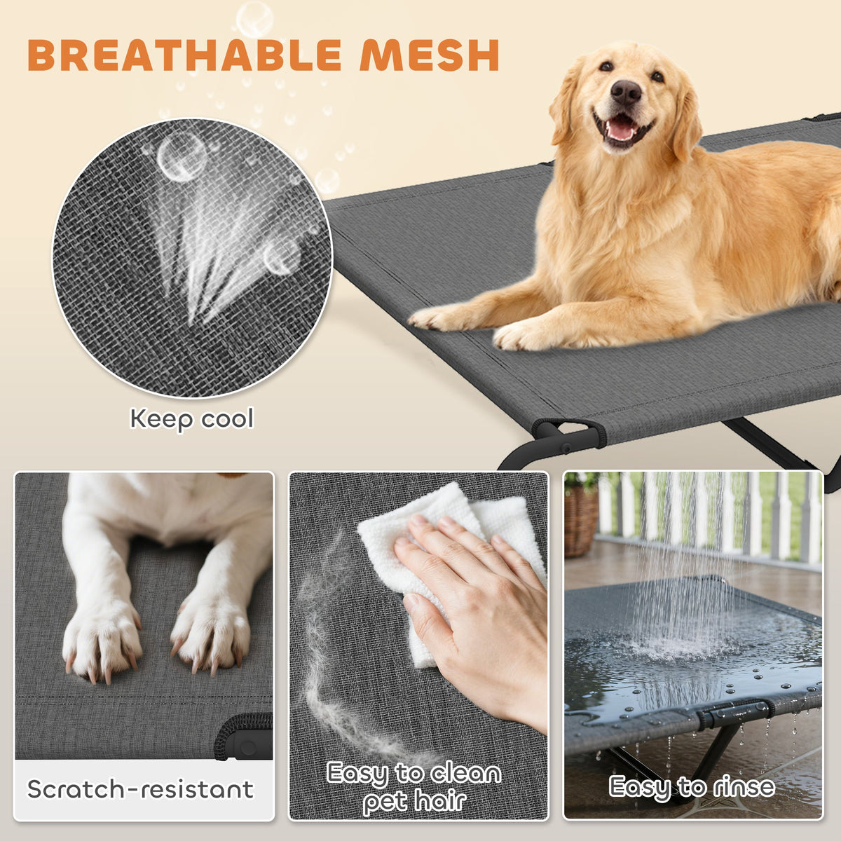 Elevated Dog Bed, Outdoor Dog Cot, Raised Dog Bed for Large Dogs with Breathable Mesh, Beige