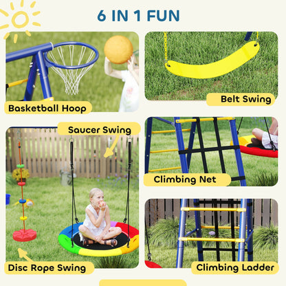 6 in 1 Kids Swing Set with 1 Saucer Swing, 1 Belt Swing, 1 Disc Rope Swing, Climbing Ladder and Net, Basketball Hoop