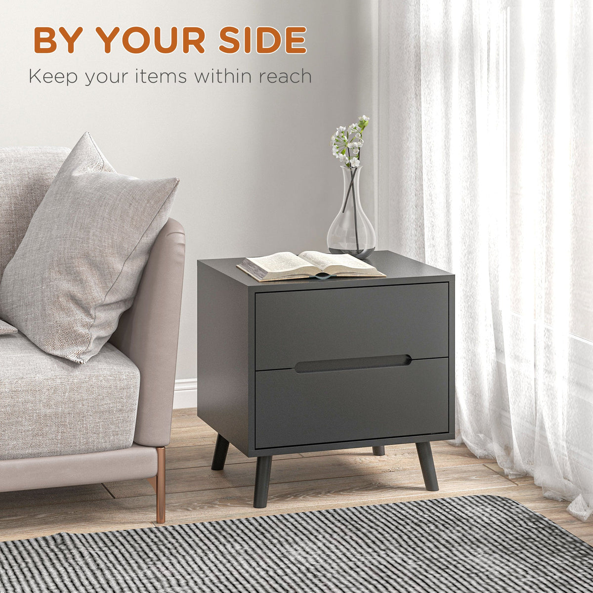 Willow Modern Nightstand/End Table with 2 Drawers-Black