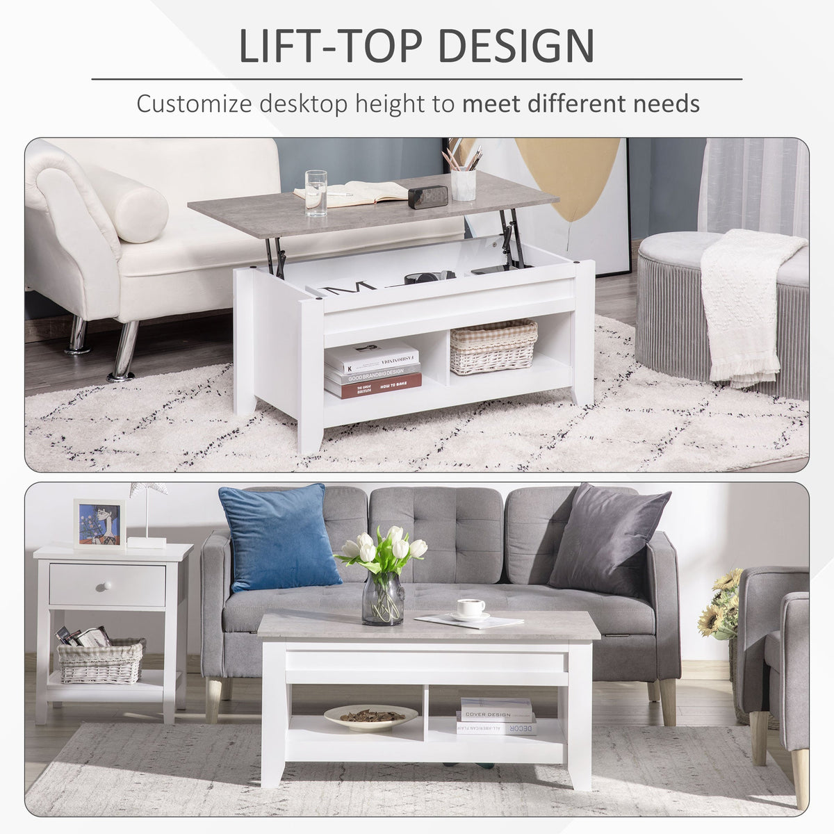 Lift Top Coffee Table with Hidden Storage Compartment and Open Shelves, Lift Tabletop Pop-Up Center Table for Living Room, Dark Walnut