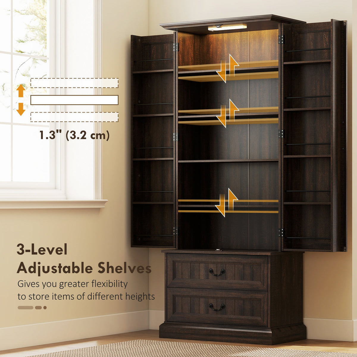 72" LED Kitchen Pantry Cabinet, Buffet Storage Cabinet with 10 Door Shelves, 2 Drawers and Adjustable Shelves, Black