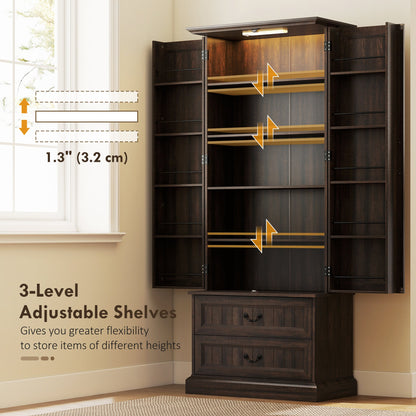 72" LED Kitchen Pantry Cabinet, Buffet Storage Cabinet with 10 Door Shelves, 2 Drawers and Adjustable Shelves, Black
