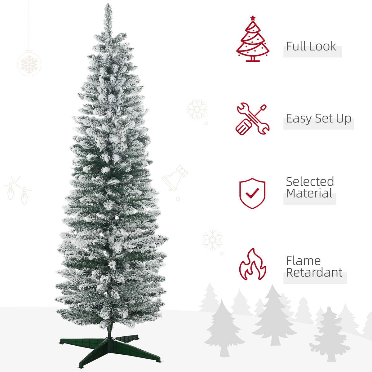 5ft Tall Pencil Artificial Christmas Tree, Holiday Décor with Snow Flocked Branches, Green