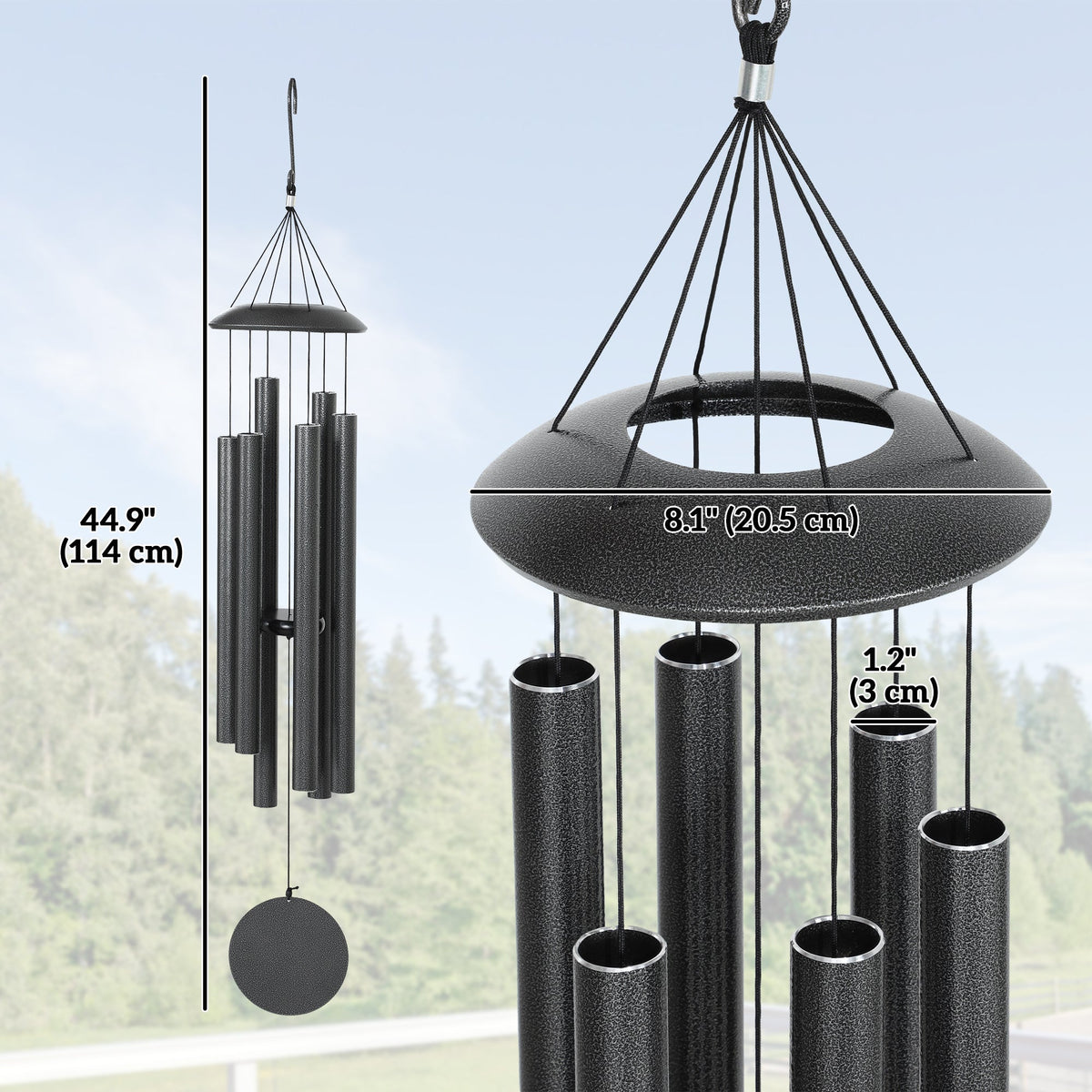 45" Wind Chimes Outdoor Deep Tone Wind Chime with 6 Aluminum Tubes and Hook for Patio, Yard, Garden Decor, Dark Grey
