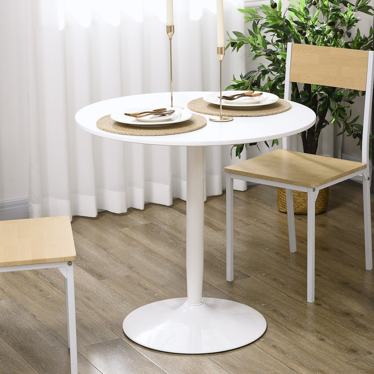 Modern Kitchen Table for 2 People, Round Dining Table with Steel Base for Living Room, Dining Room, White