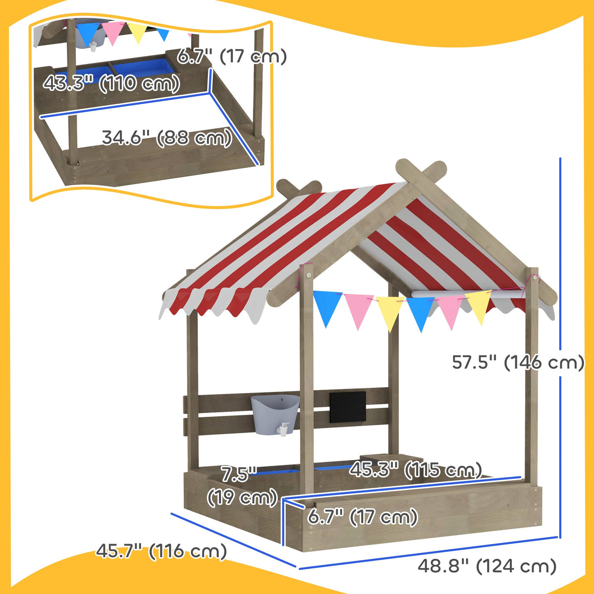 Outdoor Wooden Sandbox with Cover for 3-7 Years Old, Backyard, Brown