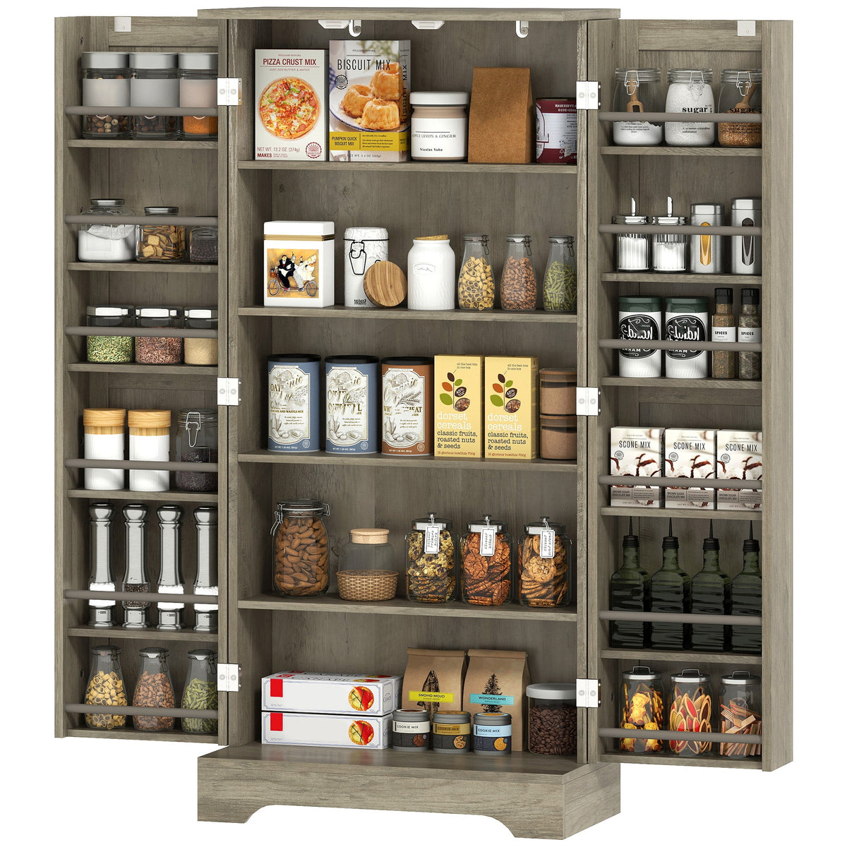 50" Pantry Storage Cabinet, Farmhouse Kitchen Pantry Cabinet with Doors, Adjustable Shelves, Distressed Grey
