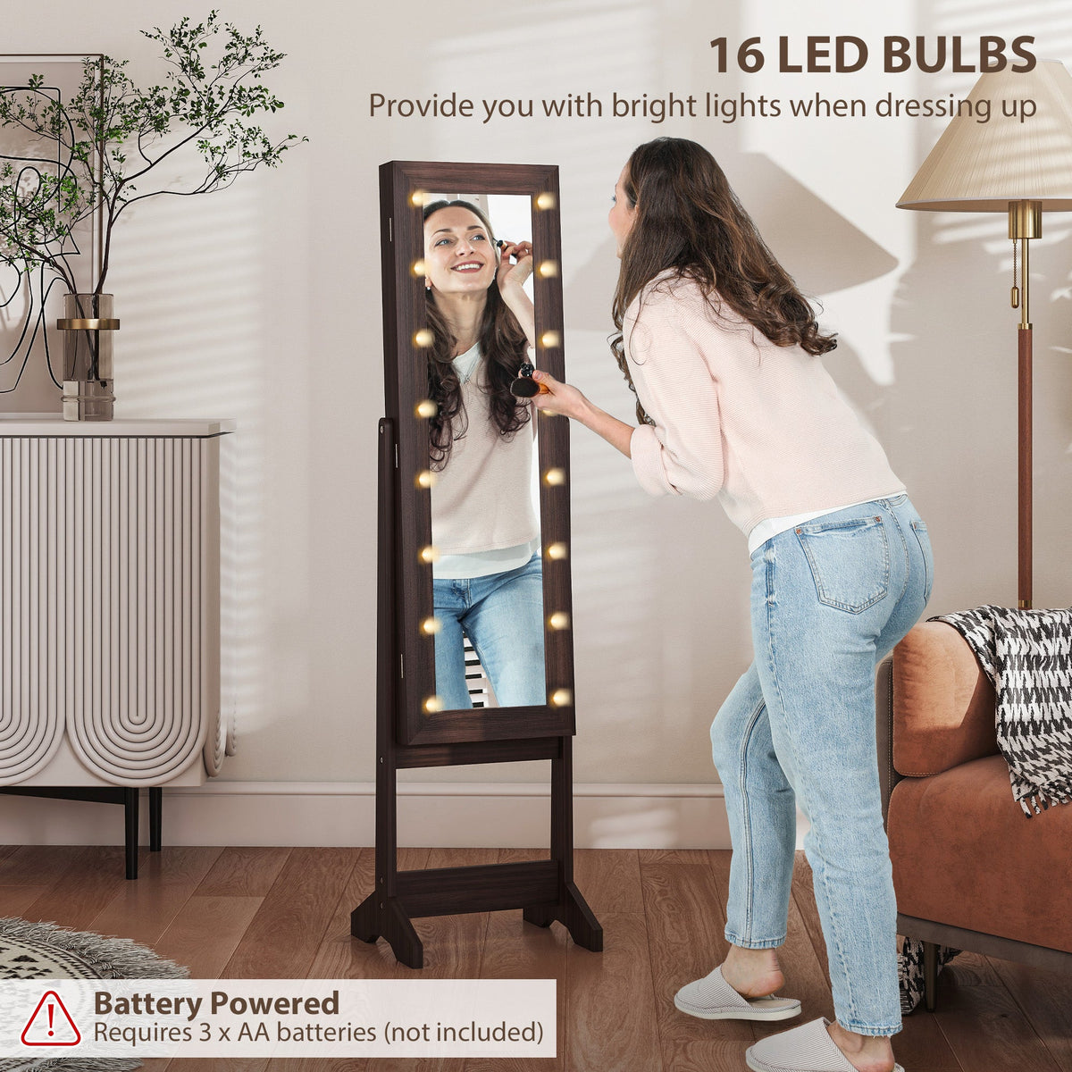 Free Standing Armoire Organizer, Lighted Mirrored Jewelry Cabinet w/ Angle Adjustable & 16 LED Lights Warm White