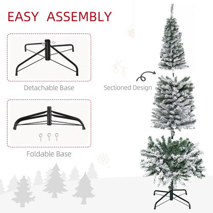 6ft Flocked Christmas Tree, Pencil Christmas Tree with Realistic Branch Tips, Folding Metal Stand, Green