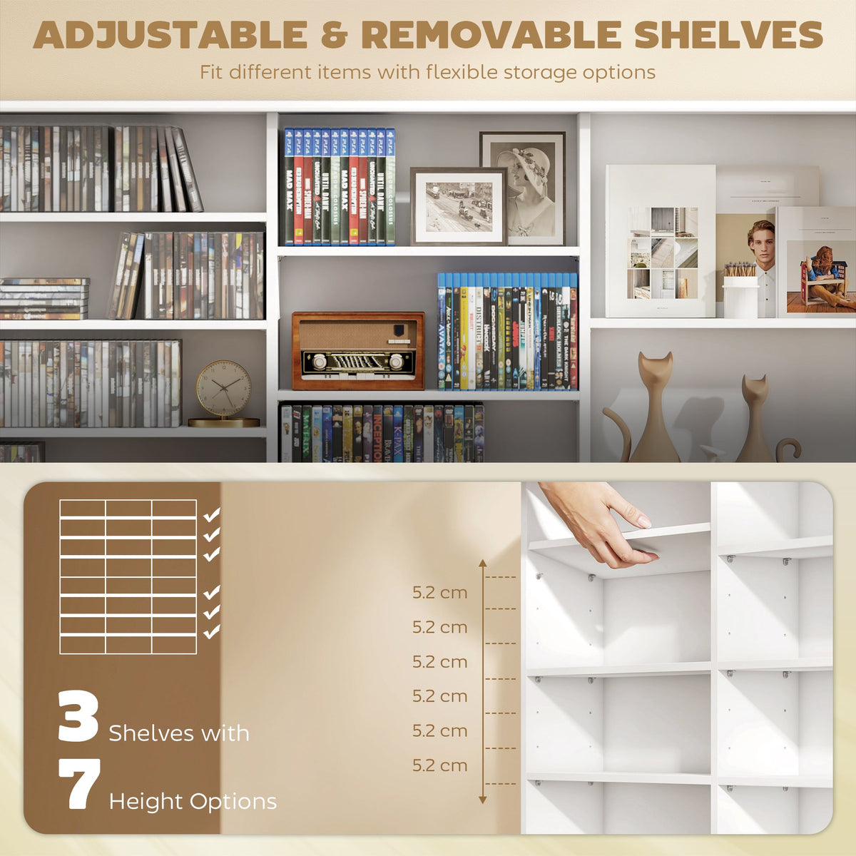 Media Storage Cabinet, 8-Tier DVD Shelf with 18 Adjustable Shelves, Holds 1032 CDs, 594 DVDs or Blu-rays, Black