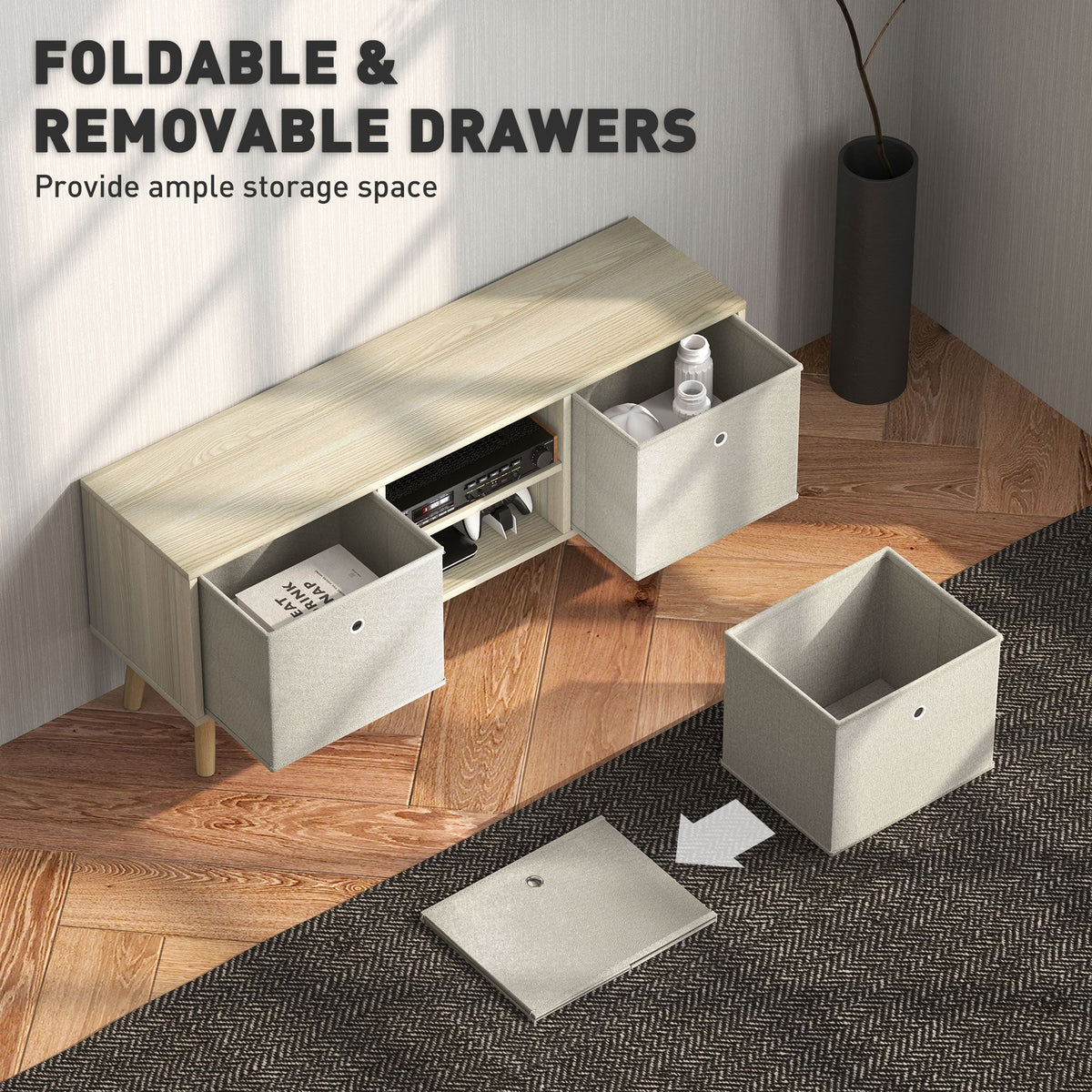 Modern TV Stand Cabinet with Foldable Drawers and Shelves for Living Room, Bedroom, White