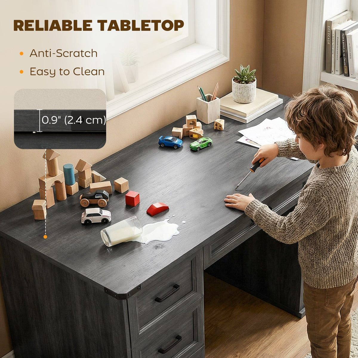 55" Computer Desk with 7 Drawers, Farmhouse Executive Desk for Home Office, Study, Bedroom, Black Wood Grain