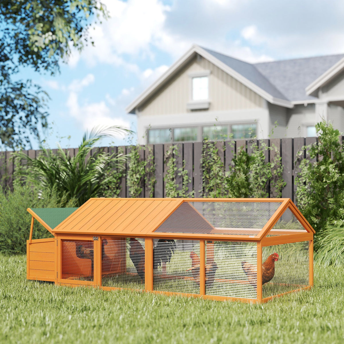 95"L Chicken Run Large Chicken Coop with Nesting Box Wooden Roof Side Door for Outdoor 4–8 Chickens