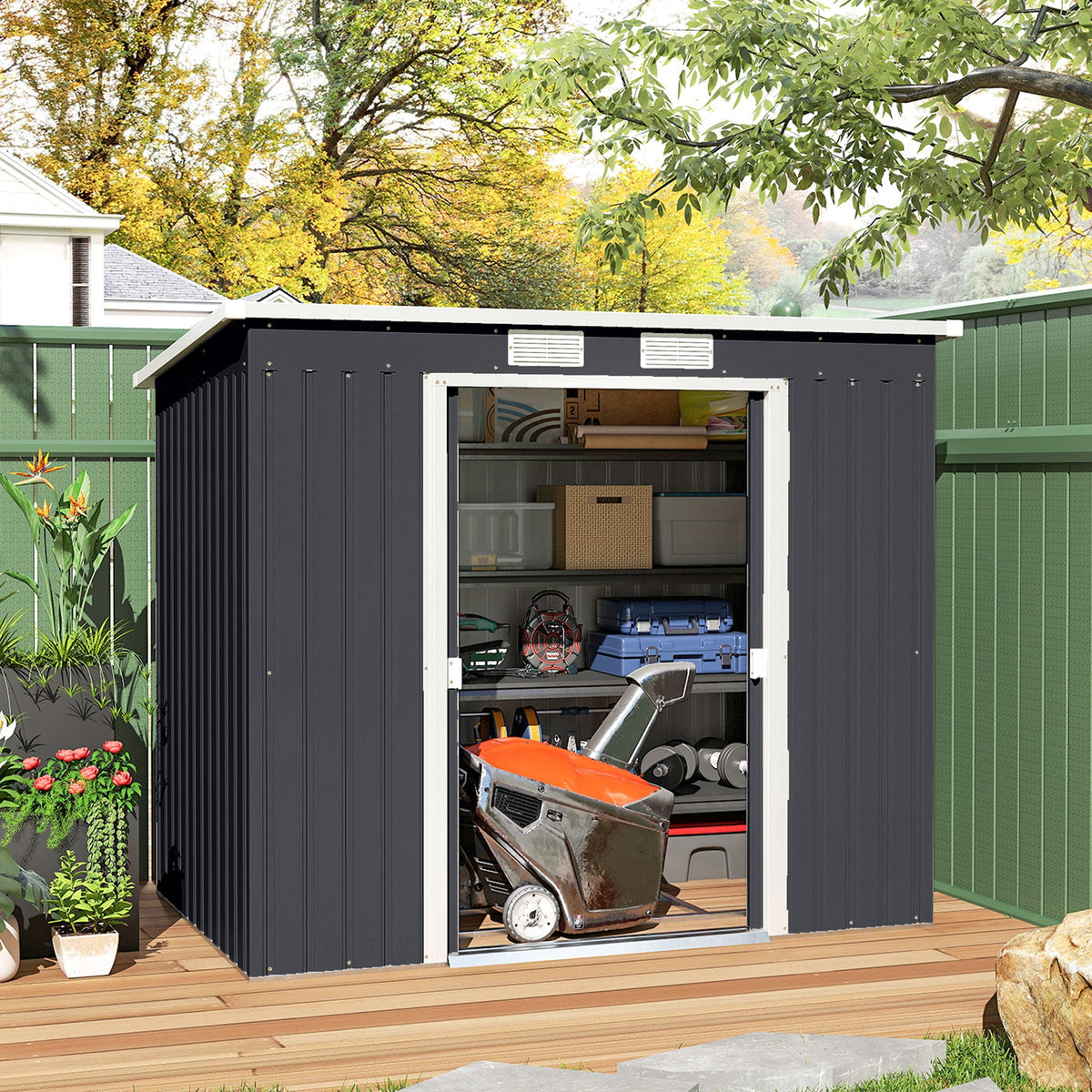 7' x 4' Galvanised Steel Garden Shed, with Foundation Kit - Green