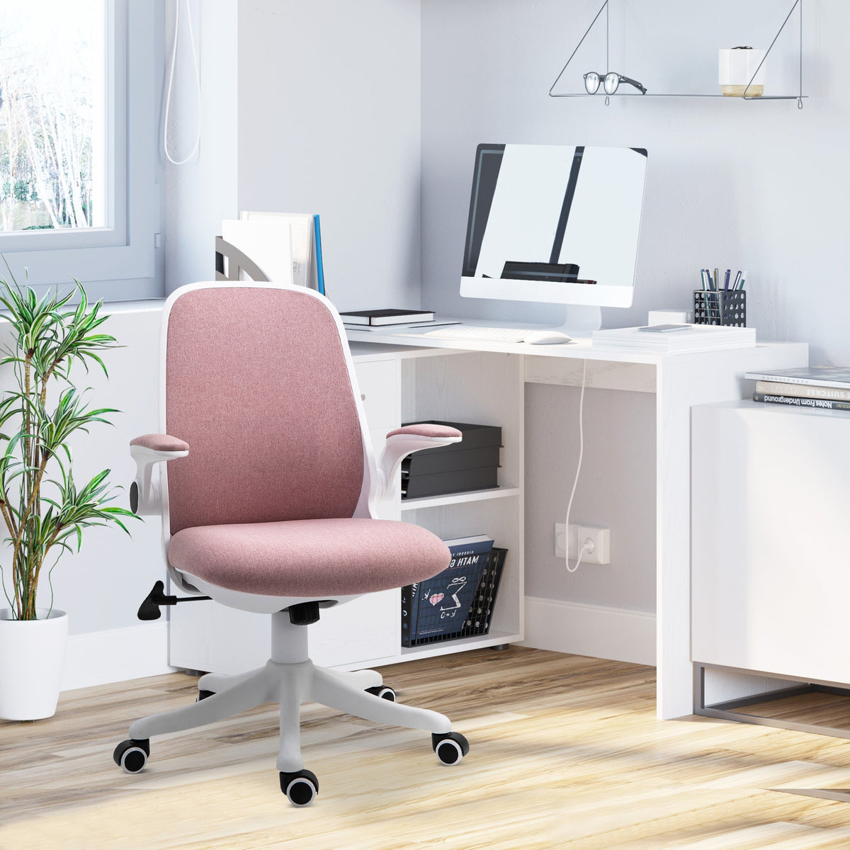 360° Swivel Office Chair Task Chair, Breathable Fabric Computer Chair with Flip-up Arms and Adjustable Height, Grey