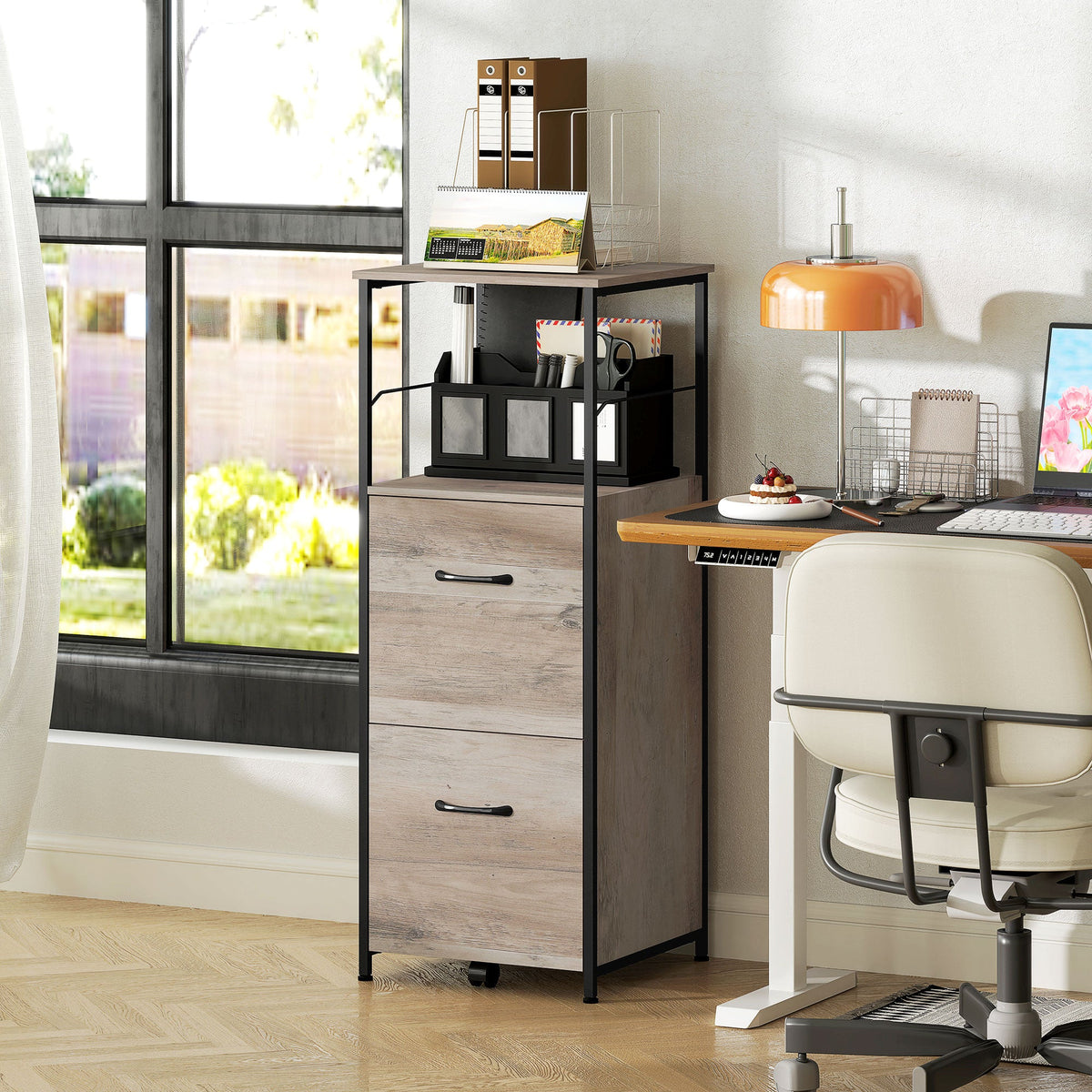 Vertical Filing Cabinet, Tall File Cabinet with 2 Drawers, Hanging Bars for Letter and A4 Size, Rustic Brown