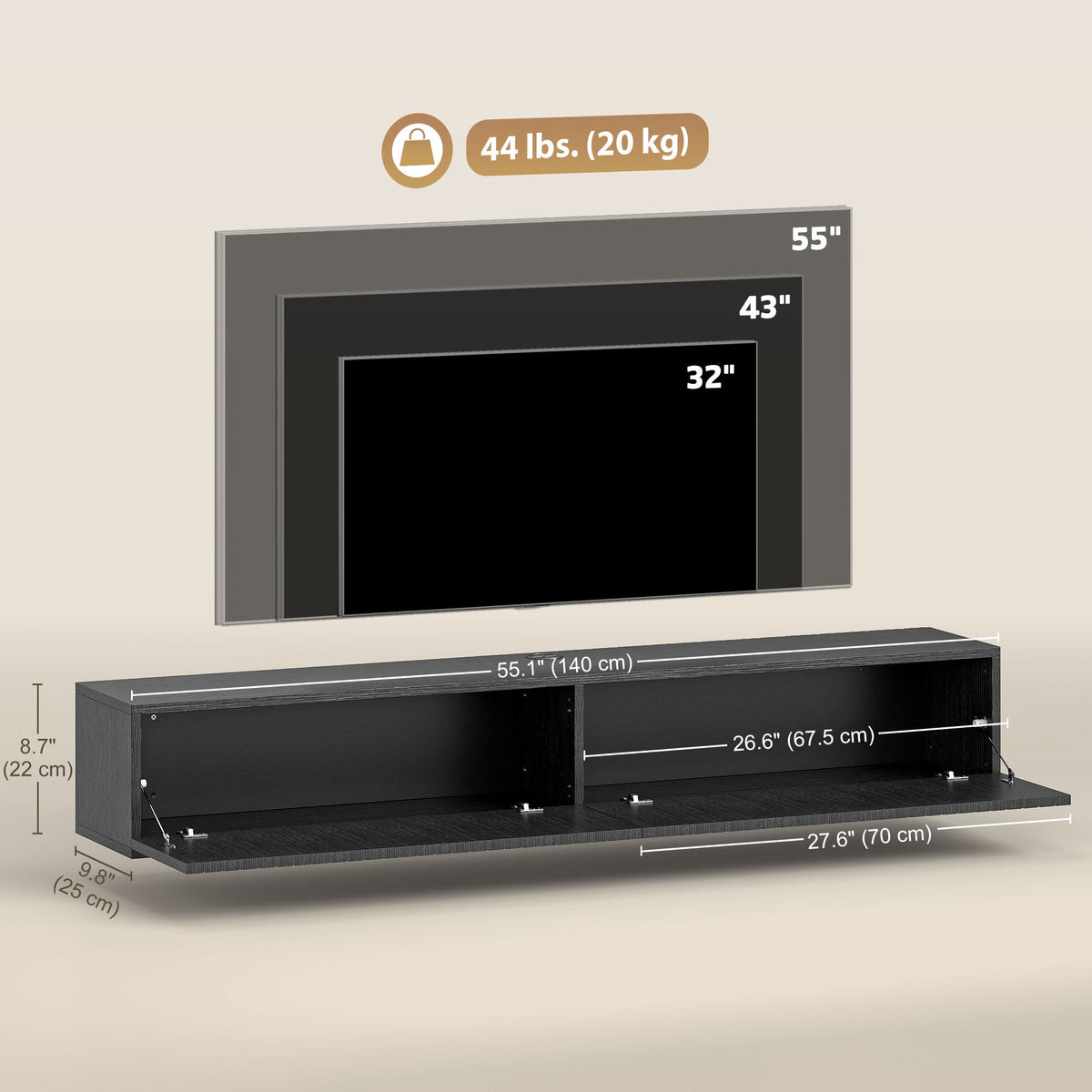 71" Floating TV Stand for TVs up to 72 Inch, Wall Mount Media Console with 2 Fluted Flip-Down Doors, Cable Hole, Black