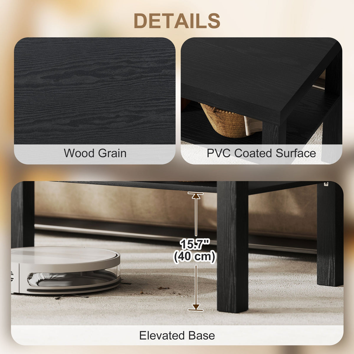 2 Tier Coffee Table with Storage Shelf, Rectangular Center Table for Living Room, Home Office Furniture Walnut