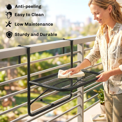 Adjustable Balcony Hanging Railing Table, Metal Mounting Mini Wall Desk Storage Rack, Outdoor Flower Stand Serving Table Rectangle, Black