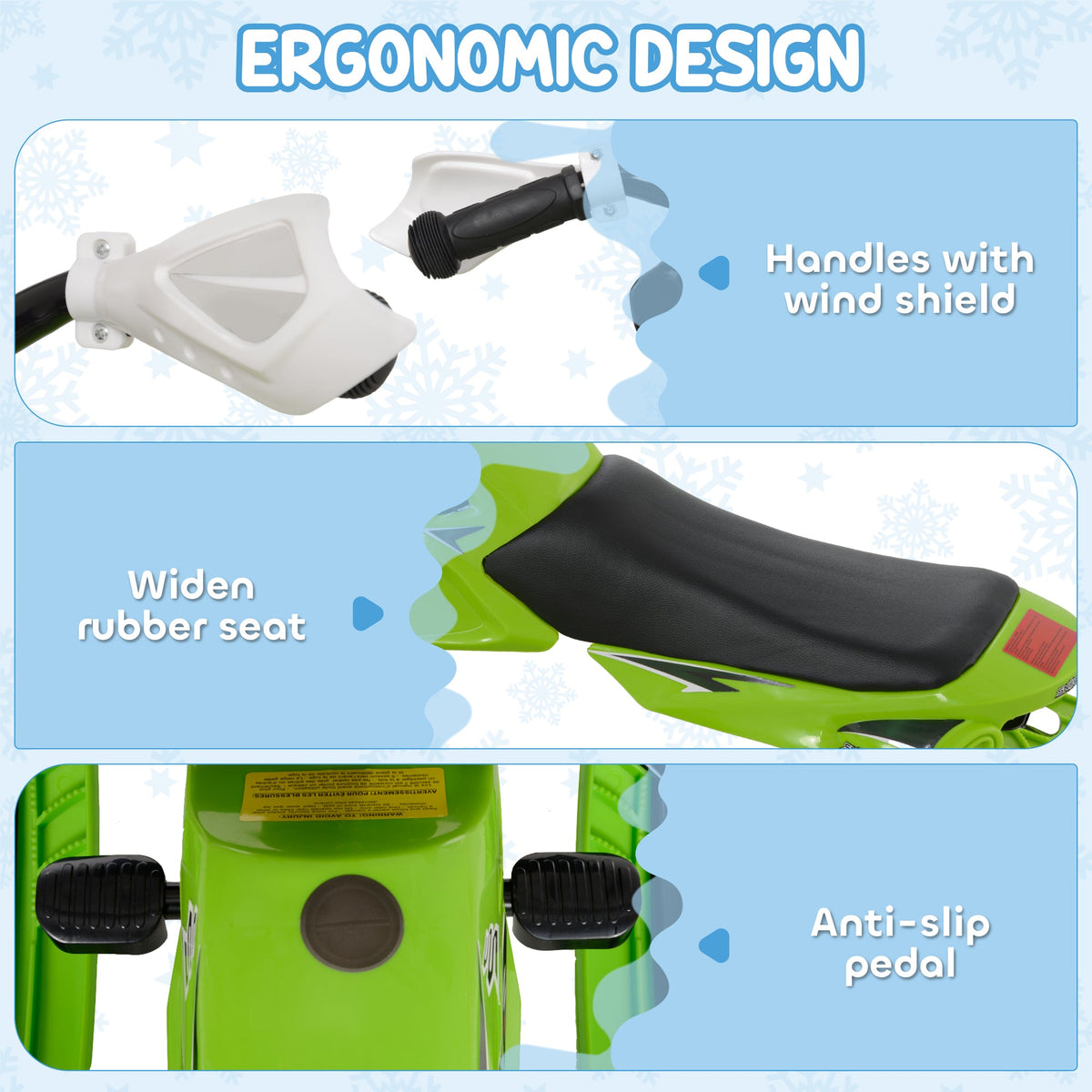 Kids Snow Racer Sleds with Padded Rubber Seat, Green