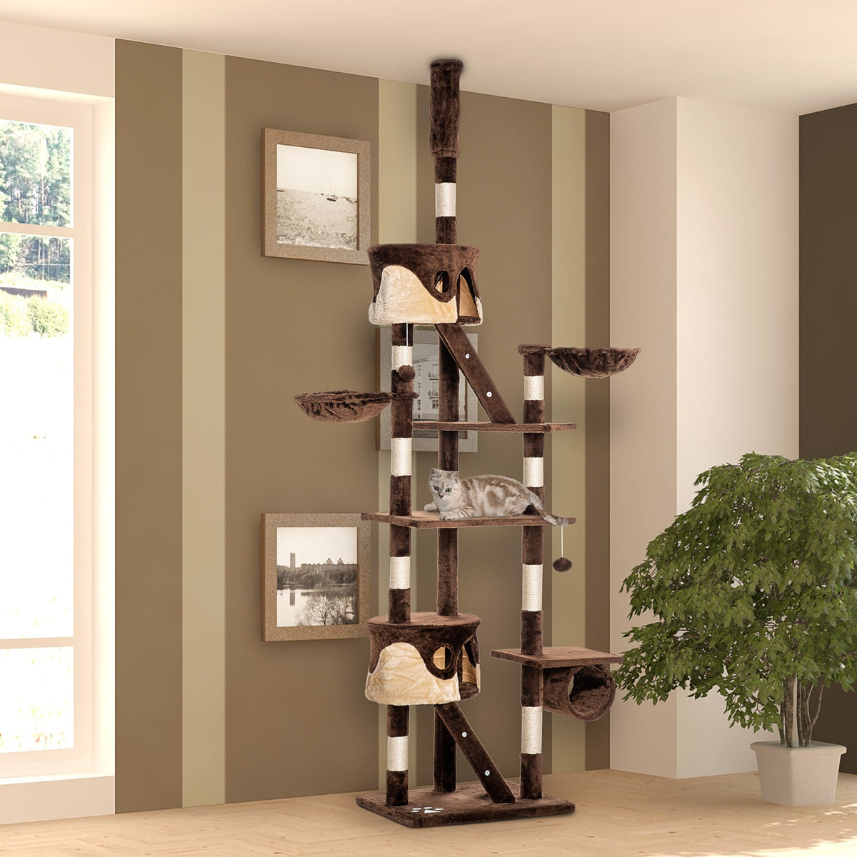 94"-102" Huge Cat Tree Ceiling High Cat Condo Scratching Post Activity Center Multi-Level Play House Light Grey