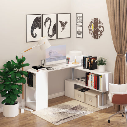 55" Corner Computer Desk, 360° Rotating L-Shaped Desk, Home Office Workstation with 3-Tier Shelves, Bookshelf, Black