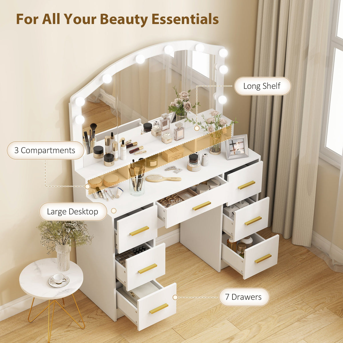 Makeup Vanity with Mirror and 10 LED Lights, 3 Colour Adjustable, Dressing Table with 7 Drawers, 3 Compartments, White