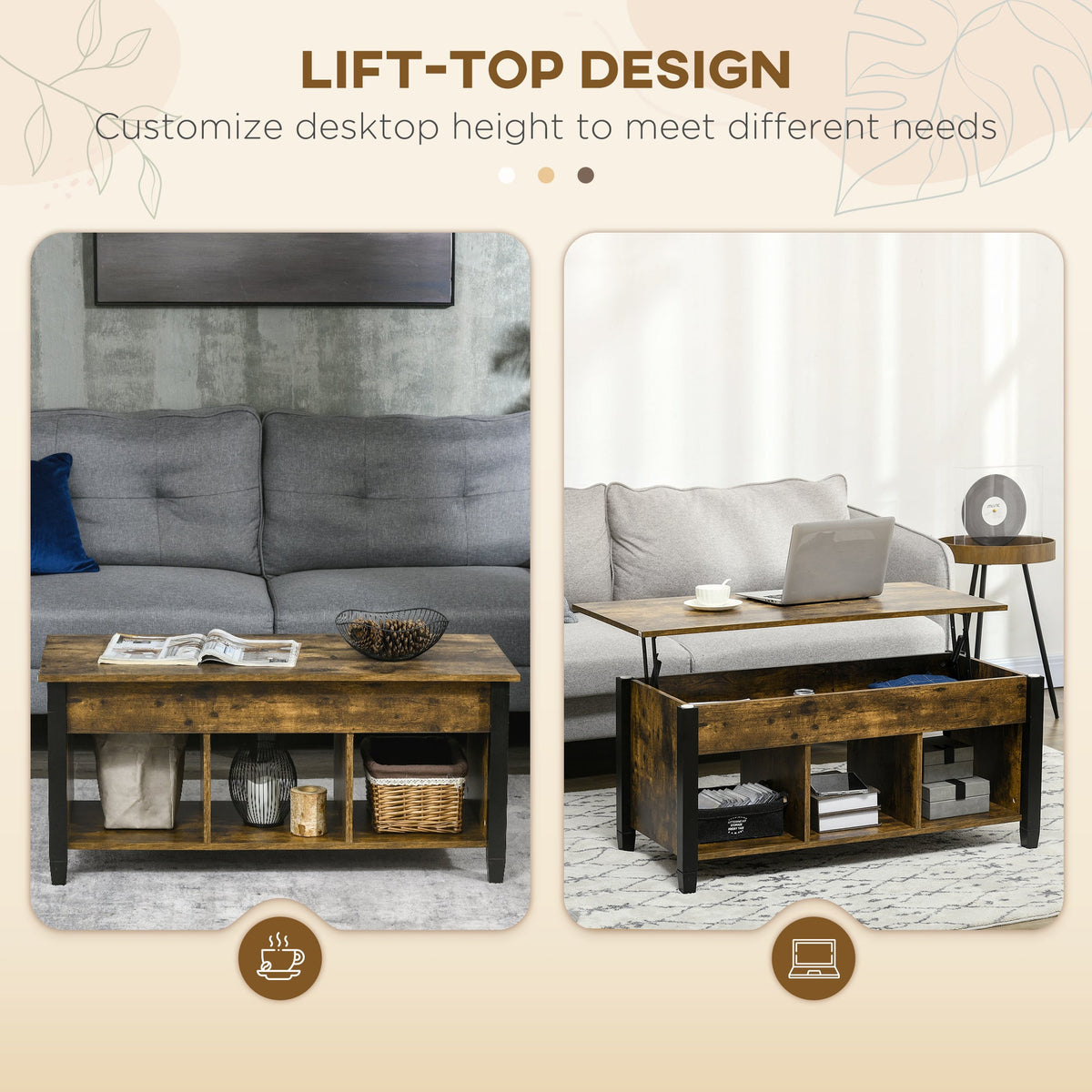 Lift Top Coffee Table, Modern Center Table with Storage Shelves and Hidden Compartment for Living Room, 41" L, Espresso