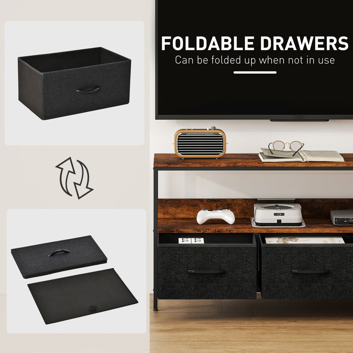 TV Stand with Charging Station, TV Table with 2 Foldable Linen Drawers and Open Shelf for 47 Inch Television, Black