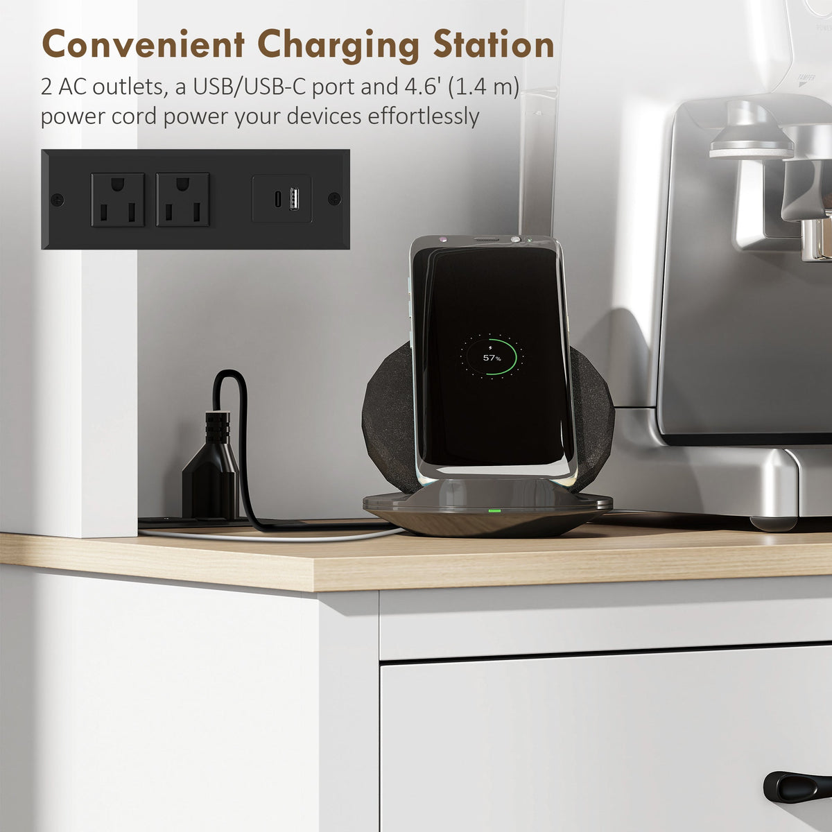 69" Kitchen Pantry Cabinet with Charging Station Kitchen Cabinet with Microwave Stand 7 Gallon Trash Can Cabinet Black