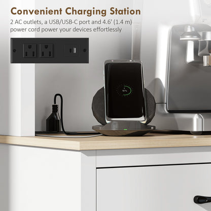 69" Kitchen Pantry Cabinet with Charging Station Kitchen Cabinet with Microwave Stand 7 Gallon Trash Can Cabinet Black