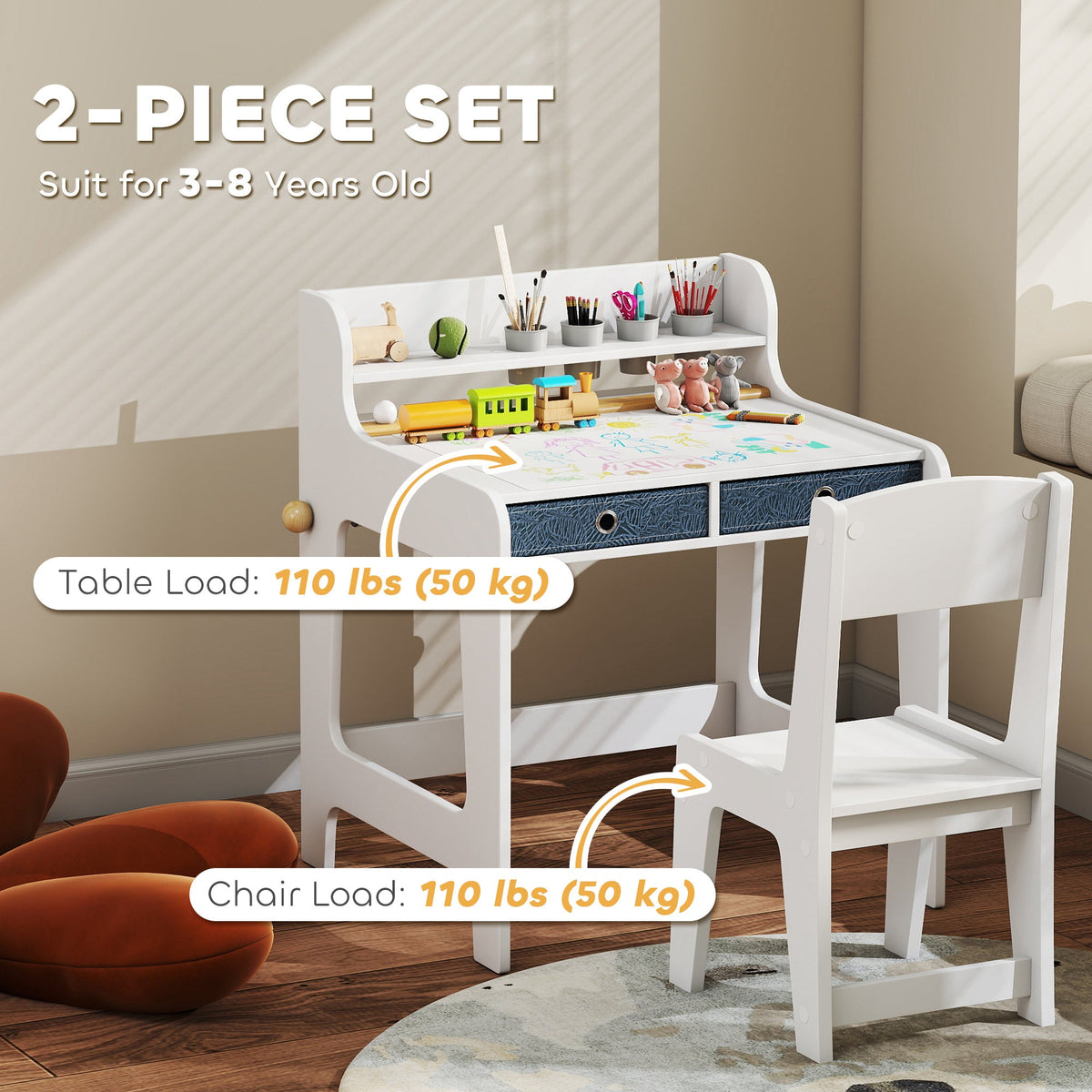Kids Study Table and Chair Set, Art Desk and Chair Set with Storage Shelf and Drawers for 3-8 Year Old