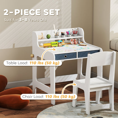 Kids Study Table and Chair Set, Art Desk and Chair Set with Storage Shelf and Drawers for 3-8 Year Old