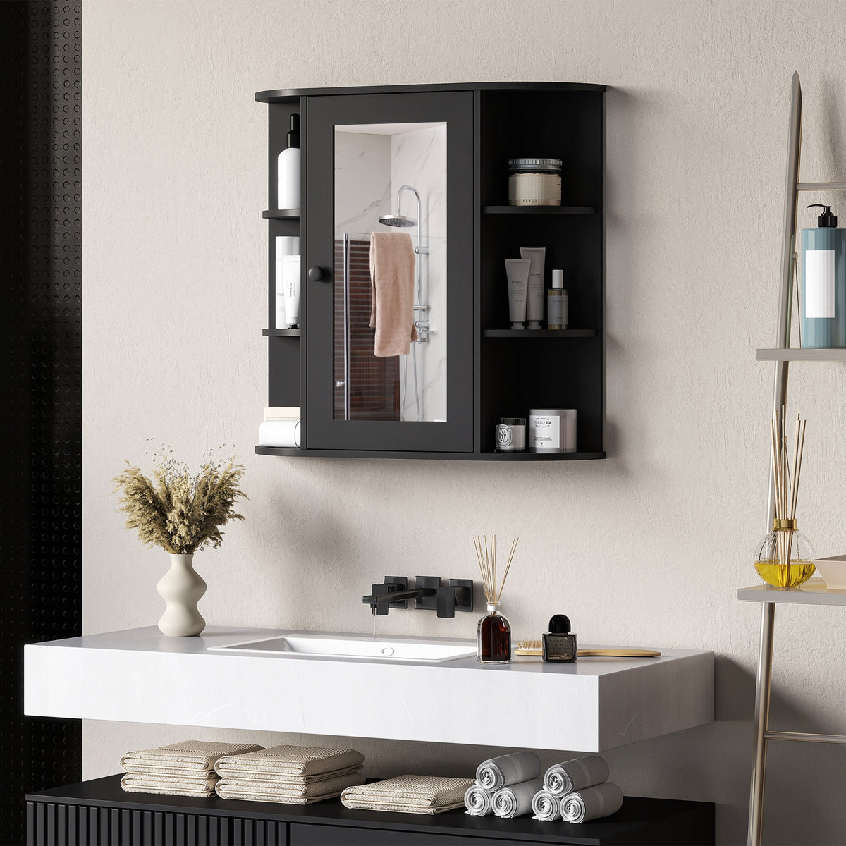 Mirrored Bathroom Wall Cabinet Wall Mounted Medicine Cabinet with Door & Shelves, White