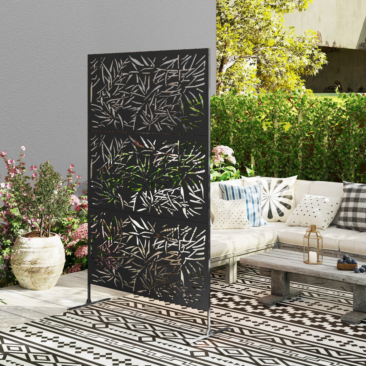 Metal Outdoor Privacy Screen, Freestanding Outdoor Divider with Stand, Decorative Privacy Panel, 78" x 48", Black