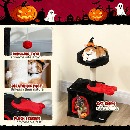 28" Cat Tree Tower with Plush Top Bed, Cozy Condo, Sisal Scratching Post, Perch, Dangling Ball, Beige and Yellow