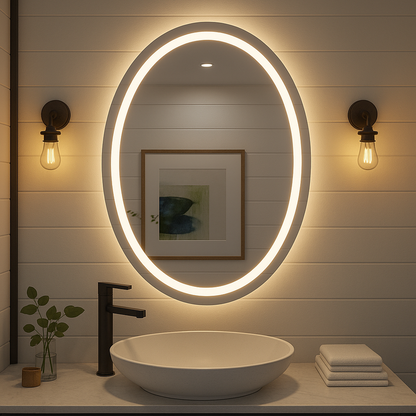 Noir Éclipse Oval LED Bathroom Mirror — Front Glow Frosted Ring + Back-Lit Halo, Dimmable, Anti-Fog & Memory (3000K/4000K/5000K) | 24"×32" or 30"×36" | CE & ETL Certified