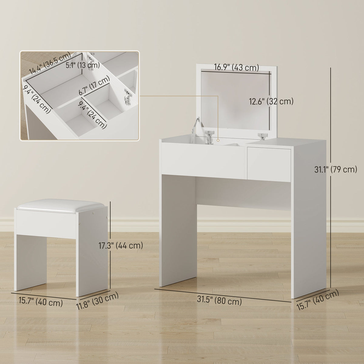 Mia Modern Vanity Set with Flip Top Mirror-White
