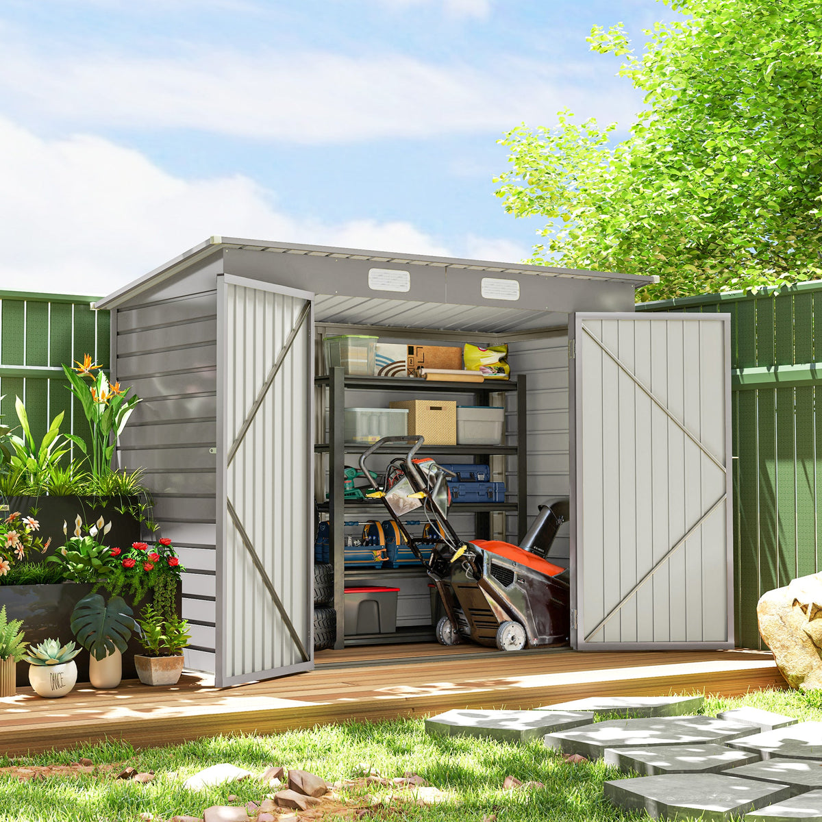 8 x 4FT Galvanized Garden Storage Shed, Metal Outdoor Shed with Double Doors and 2 Vents, Oak